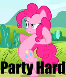 Size: 432x500 | Tagged: safe, derpibooru import, pinkie pie, earth pony, pony, putting your hoof down, dancing, gif, image, party hard, text