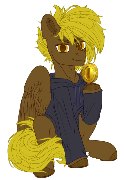 Size: 1784x2600 | Tagged: safe, artist:medkit, derpibooru import, oc, oc:bricomaniaco, unofficial characters only, pegasus, pony, derpibooru community collaboration, 2023 community collab, big eyes, clothes, coin, ear fluff, eyes open, fluffy, hoodie, horseshoes, image, looking at you, male, mario, paint tool sai 2, png, raised hoof, short mane, simple background, sitting, sketch, smiling, solo, stallion, super mario bros., transparent background, wings