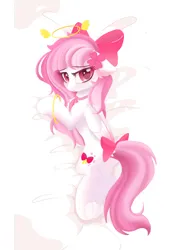 Size: 2500x3500 | Tagged: safe, artist:my little pony, derpibooru import, oc, oc:bubble cloud, unofficial characters only, pegasus, pony, angel, bed, bow, derpibooru exclusive, female, hair bow, image, looking at you, mare, pegasus oc, png, tail, tail bow, underhoof, wings