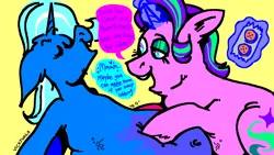 Size: 1200x675 | Tagged: suggestive, artist:vicktuals, derpibooru import, starlight glimmer, trixie, pony, unicorn, belly, belly button, big belly, crackers, dialogue, eyes closed, fat, feeding, female, floppy ears, food, image, lesbian, lidded eyes, open mouth, open smile, peanut butter, peanut butter crackers, png, shipping, smiling, starlard glimmer, startrix, that pony sure does love peanut butter crackers, the great and bountiful trixie, weight gain