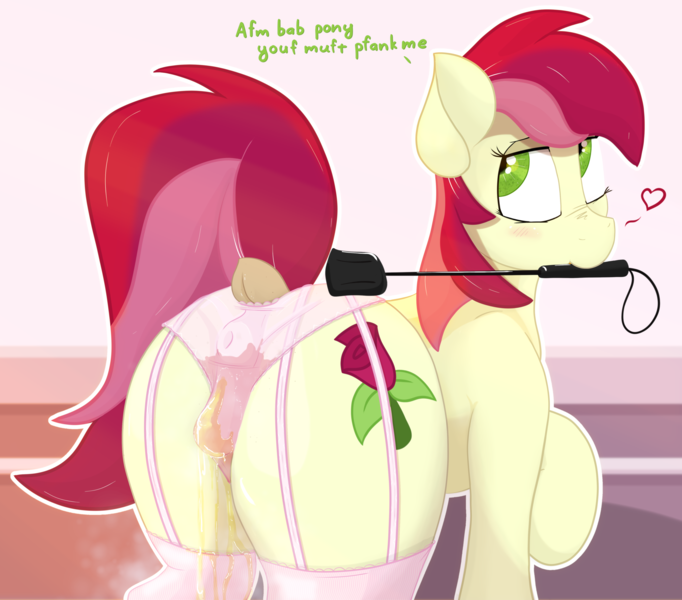 Size: 2455x2160 | Tagged: questionable, alternate version, artist:not_texmex, derpibooru import, roseluck, earth pony, pony, anatomically correct, bedroom eyes, blushing, butt, cameltoe, clothes, derpibooru exclusive, dialogue, dock, female, fetish, frilly underwear, garter belt, image, looking back, mouth hold, nudity, panties, pink underwear, pissing, plot, png, presenting, raised tail, riding crop, socks, solo, solo female, tail, thigh highs, underwear, urine, vulva, watersports, wetting