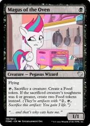 Size: 375x523 | Tagged: safe, derpibooru import, edit, zipp storm, pegasus, my little pony: tell your tale, ccg, easybake oven, g5, image, kitchen, magic the gathering, making a meal of it, pan, png, pot, trading card, trading card edit