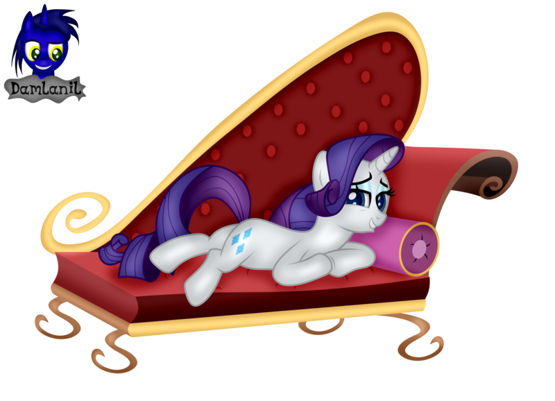 Size: 4154x3000 | Tagged: safe, artist:damlanil, derpibooru import, rarity, pony, unicorn, couch, cute, eyeshadow, fainting couch, female, horn, image, looking at you, lying down, makeup, mare, pillow, png, raribetes, show accurate, simple background, smiling, solo, transparent background, underhoof, vector