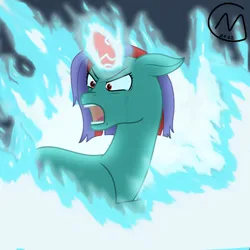 Size: 3200x3200 | Tagged: safe, artist:maître cervidé, derpibooru import, oc, oc:hisark kirff, unicorn, angry, blue fire, crying, fire, image, magic, png, screaming, thunder