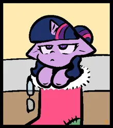 Size: 352x400 | Tagged: safe, alternate version, artist:zutcha, derpibooru import, sci-twi, twilight sparkle, pony, christmas, christmas stocking, female, glasses, holiday, image, png, sci-twi is not amused, solo, twilight sparkle is not amused, unamused