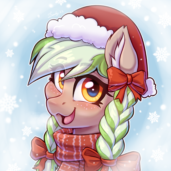 Size: 2362x2362 | Tagged: safe, artist:dandy, derpibooru import, oc, oc:sylvia evergreen, unofficial characters only, pony, blushing, bow, braid, braided pigtails, bust, christmas, clothes, ear fluff, eye clipping through hair, female, freckles, happy, hat, high res, holiday, image, looking at you, mare, open mouth, pigtails, png, portrait, santa hat, scarf, snow, solo