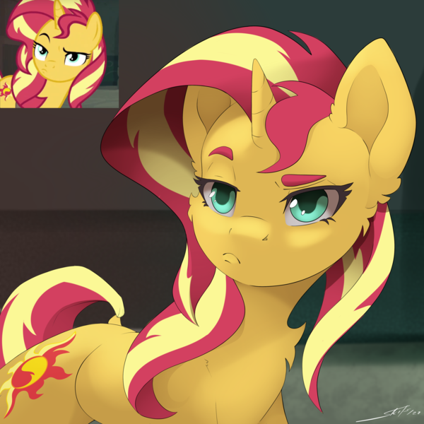 Size: 4000x4000 | Tagged: safe, artist:skitsniga, derpibooru import, screencap, sunset shimmer, pony, unicorn, equestria girls, equestria girls series, forgotten friendship, cheek fluff, chest fluff, dock, ear fluff, eyebrows, faic, female, frown, image, lidded eyes, mare, png, pouting, raised eyebrow, redraw, scene interpretation, screencap reference, solo, tail, unamused