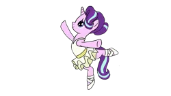 Size: 1280x720 | Tagged: safe, artist:starcoder, derpibooru import, starlight glimmer, pony, unicorn, ballerina, clothes, female, glimmerina, image, mare, png, simple background, smiling, solo, standing, standing on one leg, transparent background, tutu