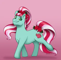 Size: 2636x2564 | Tagged: safe, artist:bellbell123, derpibooru import, earth pony, pony, female, flower, flower in hair, g3, gradient background, image, looking at you, png, poinsettia, poinsettia (g3), smiling, solo