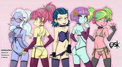 Size: 2678x1478 | Tagged: suggestive, artist:oldskullkid, banned from derpibooru, indigo zap, lemon zest, sour sweet, sugarcoat, sunny flare, equestria girls, child, clothes, female, image, jpeg, lingerie, lolicon, panties, shadowbolts, thong, underage, underwear, young, younger