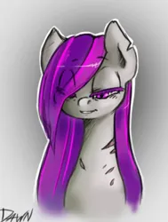 Size: 1125x1489 | Tagged: safe, artist:fore-trekker, derpibooru import, oc, oc:dawn, oc:dawn enclave, pony, fallout equestria, fallout equestria: project horizons, cute, fanfic art, female, gray background, image, jpeg, looking at you, mare, milf, purple mane, scar, simple background, smiling, squint, text