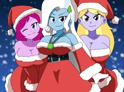 Size: 2144x1599 | Tagged: safe, artist:aokushan, derpibooru import, fuchsia blush, lavender lace, trixie, equestria girls, breasts, christmas, clothes, costume, holiday, image, png, santa costume, trixie and the illusions