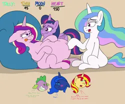 Size: 4604x3837 | Tagged: safe, artist:rupertbluefox, derpibooru import, princess cadance, princess celestia, princess luna, spike, sunset shimmer, twilight sparkle, alicorn, dragon, pony, unicorn, series:sunsmoons&heartbellyballoons, bedroom eyes, chibi, chubby, dialogue, fat, fat fetish, female, fetish, image, incentive drive, luna is not amused, male, missing accessory, missing cutie mark, png, poking, princess decadence, squishy cheeks, this will end in weight gain, tongue out, unamused