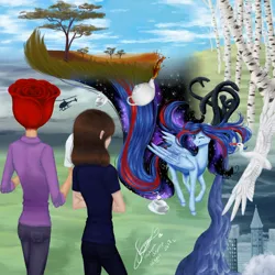 Size: 1300x1300 | Tagged: safe, artist:avroras_world, derpibooru import, oc, unofficial characters only, human, pony, city, ethereal mane, female, flying, galaxy mane, helicopter, image, jpeg, mare, tree