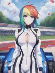 Size: 512x682 | Tagged: suggestive, derpibooru import, machine learning generated, novelai, stable diffusion, rainbow dash, human, equestria girls, boob window, breasts, bust, busty rainbow dash, car, clothes, humanized, image, jpeg, jumpsuit, race track, racecar, racing suit, zipper