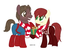 Size: 3740x2815 | Tagged: safe, artist:ghou1ss, derpibooru import, ponified, earth pony, pony, blushing, christmas, clothes, commission, duo, female, freckles, grin, heart, holiday, image, looking at each other, looking at someone, male, mare, marvel, mary jane watson, peter parker, png, present, raised hoof, scarf, simple background, smiling, spider-man, spider-woman, stallion, straight, striped scarf, superhero, superhero costume, unshorn fetlocks, white background, ych result