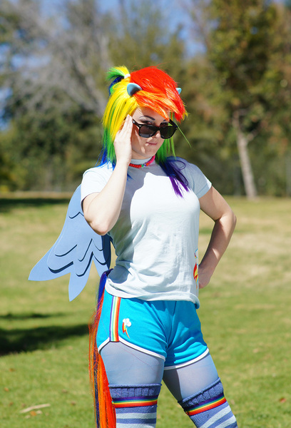 Size: 1019x1500 | Tagged: safe, derpibooru import, rainbow dash, human, clothes, cosplay, costume, image, irl, irl human, jpeg, multicolored hair, photo, rainbow hair, solo, sunglasses