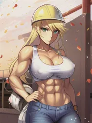 Size: 512x682 | Tagged: suggestive, derpibooru import, machine learning generated, novelai, stable diffusion, applejack, abs, breasts, bust, busty applejack, clothes, construction, denim, female, helmet, image, jeans, jpeg, looking at you, muscles, muscular female, pants, serious, serious face, sexy, white shirt