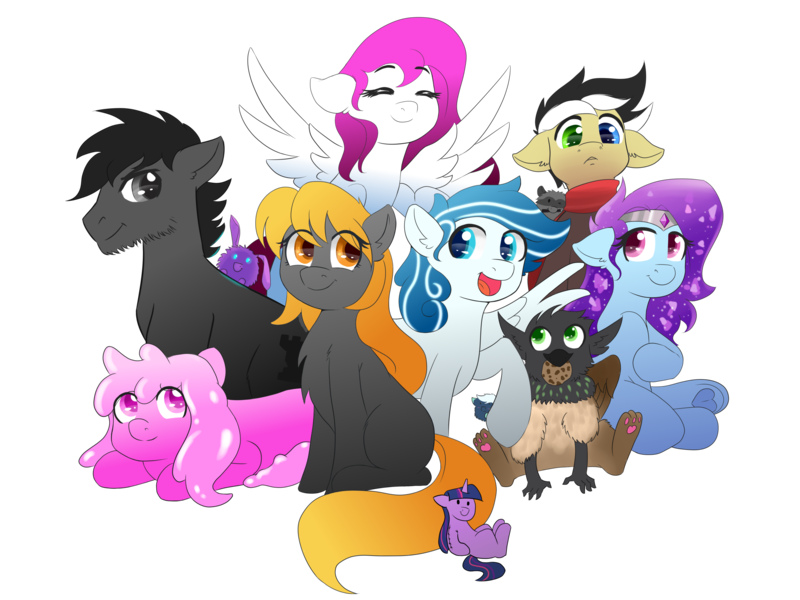 Size: 4080x3060 | Tagged: safe, artist:shubb, derpibooru import, twilight sparkle, oc, oc:daggy, oc:golden glory, oc:kimsen, oc:lil cloudy, oc:lil jackle, oc:mephiles, oc:nebula dusk, oc:squishy, earth pony, goo, goo pony, gryphon, original species, pegasus, derpibooru community collaboration, 2023 community collab, earth pony oc, griffon oc, group photo, image, pegasus oc, plushie, png, wings