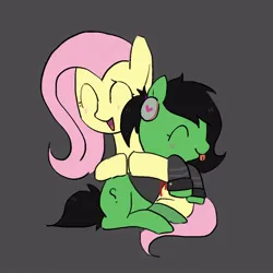 Size: 1000x1000 | Tagged: safe, artist:omelettepony, ponerpics import, fluttershy, oc, oc:anonfilly, pony, blushing, eyes closed, female, filly, gray background, hug, image, jpeg, open mouth, simple background, smiling, tongue out