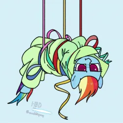 Size: 2048x2048 | Tagged: safe, artist:omelettepony, ponerpics import, rainbow dash, pegasus, pony, party pooped, female, glare, image, jpeg, looking at you, mare, piñata, ribbon, simple background, solo, staring at you, tangled up, tied up, unamused