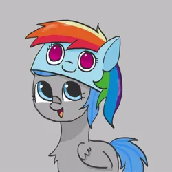 Size: 1000x1000 | Tagged: safe, artist:omelettepony, ponerpics import, oc, oc:rapid fire, pegasus, pony, chest fluff, female, gray background, hat, image, implied rainbow dash, jpeg, looking up, mare, open mouth, simple background, smiling, style emulation