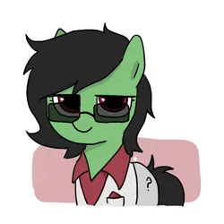 Size: 800x800 | Tagged: safe, artist:omelettepony, ponerpics import, oc, oc:anonfilly, unofficial characters only, earth pony, pony, clothes, female, filly, glasses, image, looking at you, png, simple background, solo, suit, tony montana