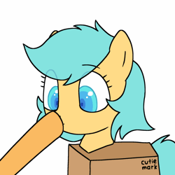 Size: 1200x1200 | Tagged: safe, artist:omelettepony, ponerpics import, oc, oc:boxfilly, unofficial characters only, pegasus, pony, animated, boop, box, eye clipping through hair, fake cutie mark, female, filly, gif, image, implied applejack, offscreen character, simple background, sticky note, tape, white background