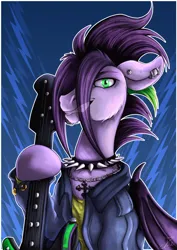 Size: 928x1313 | Tagged: safe, artist:jamescorck, derpibooru import, oc, unofficial characters only, bat pony, pony, bat pony oc, bat wings, clothes, commission, digital art, electric guitar, guitar, image, looking at you, male, musical instrument, png, solo, wings