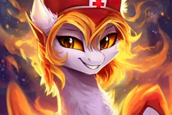 Size: 2112x1408 | Tagged: safe, derpibooru import, editor:mr-bat, machine learning generated, stable diffusion, daybreaker, alicorn, pony, abstract background, bust, chest fluff, female, fire, hat, image, mane of fire, nurse hat, nurse outfit, png, pony ears, smiling, solo, solo female, teeth, white body, wings