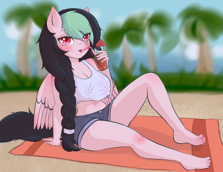 Size: 2048x1582 | Tagged: safe, artist:starfishkitty, derpibooru import, oc, oc:galactic lights, unofficial characters only, anthro, pegasus, plantigrade anthro, barefoot, belly button, clothes, cocktail umbrella, drink, feet, food, glass, image, jpeg, pegasus oc, shorts, straw, tea, toes, wings