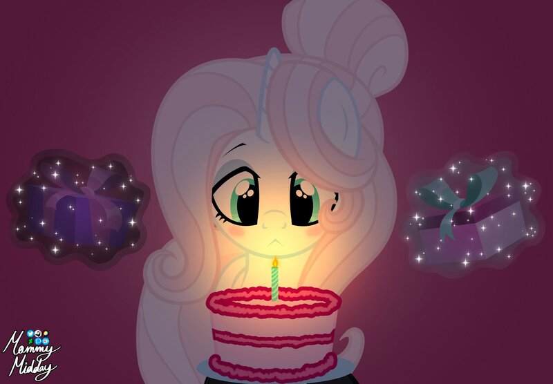 Size: 2048x1423 | Tagged: safe, artist:mommymidday, derpibooru import, oc, oc:mommy midday, unicorn, birthday, birthday cake, blushing, cake, candle, food, image, jpeg, magic, magic aura, present, show accurate, signature, sparkly eyes, telekinesis, wingding eyes