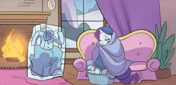 Size: 910x440 | Tagged: safe, derpibooru import, idw, rarity, clothes, dress, fireplace, ice, image, little fillies, little women, my little pony classics reimagined: little fillies, png