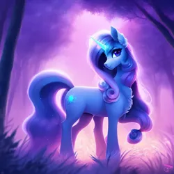 Size: 1024x1024 | Tagged: safe, derpibooru import, machine learning generated, purplesmart.ai, stable diffusion, pony, unicorn, bad anatomy, chest fluff, cute, ear fluff, female, flowing mane, flowing tail, fog, forest, glow, glowing horn, horn, image, mare, png, smiling, solo, tail, tree