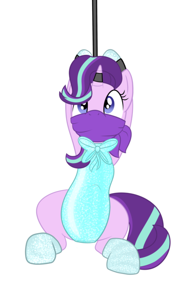 Size: 2554x3908 | Tagged: questionable, artist:darkstorm619, derpibooru import, starlight glimmer, pony, unicorn, arm behind head, assistant, bondage, cloth gag, clothes, gag, image, leotard, magic suppression, png, solo, sparkles