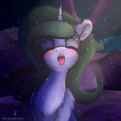 Size: 2048x2048 | Tagged: safe, artist:darbedarmoc, derpibooru import, oc, oc:minerva, pony, unicorn, catching snowflakes, chest fluff, eyes closed, image, moonlight, night, outdoors, png, snow, snowflake, solo, tongue out, winter