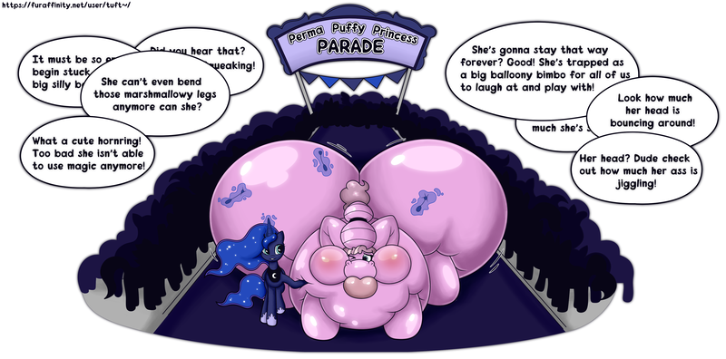 Size: 4071x2014 | Tagged: questionable, artist:tuft, derpibooru import, princess luna, oc, oc:skinth, alicorn, pony, unicorn, belly, big belly, bingo wings, butt, crowd, dialogue, duo focus, generic pony, high res, horn, horn ring, huge belly, huge butt, humiliation, image, impossibly large belly, impossibly large butt, inflated ears, inflated horn, inflation, jewelry, large butt, one eye closed, parade, png, puffy cheeks, punishment, ring, speech bubble, squishy, uber inflation