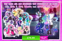 Size: 1959x1297 | Tagged: safe, derpibooru import, official, applejack, fluttershy, pinkie pie, princess celestia, princess luna, rainbow dash, rarity, twilight sparkle, twilight sparkle (alicorn), alicorn, kirin, nirik, winged kirin, advertisement, applejack's hat, cloven hooves, collection, costs real money, cowboy hat, crown, duality, english, fangs, female, fire, gameloft, group, hat, horn, image, jewelry, jpeg, kirin applejack, kirin celestia, kirin fluttershy, kirin luna, kirin pinkie, kirin rainbow dash, kirin rarity, kirin twilight, kirinified, mane of fire, mane six, mobile game, my little pony: magic princess, numbers, regalia, species swap, spread wings, text, wings