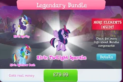 Size: 1284x859 | Tagged: safe, derpibooru import, official, rainbow dash, rarity, twilight sparkle, twilight sparkle (alicorn), alicorn, kirin, winged kirin, bundle, cloven hooves, collection, costs real money, english, fangs, female, gameloft, group, horn, image, jpeg, kirin rainbow dash, kirin rarity, kirin twilight, kirinified, mobile game, my little pony: magic princess, numbers, species swap, spread wings, text, wings
