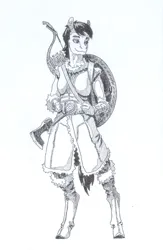 Size: 553x847 | Tagged: safe, artist:adeptus-monitus, derpibooru import, oc, unofficial characters only, anthro, arrow, axe, bow (weapon), clothes, image, jpeg, monochrome, shield, skyrim, smiling, smirk, solo, the elder scrolls, traditional art, weapon