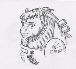 Size: 700x632 | Tagged: safe, artist:adeptus-monitus, derpibooru import, oc, unofficial characters only, earth pony, pony, bust, image, jpeg, monochrome, portrait, science fiction, solo, spacesuit, tabun art-battle, traditional art