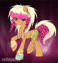 Size: 2250x2458 | Tagged: safe, artist:zeffdakilla, derpibooru import, oc, unnamed oc, unofficial characters only, earth pony, pony, abstract background, blonde hair, bracelet, ear piercing, earring, glowstick, image, jewelry, jpeg, necklace, piercing, pink hair, raised hoof, raised leg, rave, raver, scene, scene kid, smiling, solo, standing