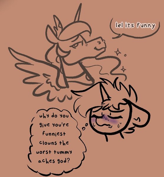 Size: 716x773 | Tagged: safe, artist:nootaz, derpibooru import, princess celestia, oc, oc:nootaz, alicorn, pony, unicorn, eyes closed, frown, grammar error, image, jpeg, lidded eyes, smiling, smug, sweat, thought bubble