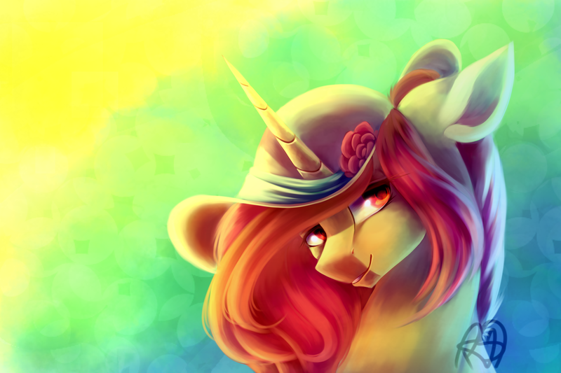 Size: 3000x2000 | Tagged: safe, artist:prettyshinegp, derpibooru import, oc, unofficial characters only, pony, unicorn, abstract background, bust, female, hat, horn, image, mare, png, signature, solo, sun hat, unicorn oc