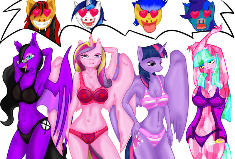 Size: 1550x1050 | Tagged: safe, artist:darknazawrath, derpibooru import, flash sentry, princess cadance, shining armor, twilight sparkle, twilight sparkle (alicorn), oc, alicorn, anthro, bat pony, crystal pony, :d, arm behind head, bat pony oc, bat wings, bedroom eyes, blood, bra, clothes, glasses, heart, heart eyes, image, jpeg, lingerie, male, nosebleed, open mouth, open smile, simple background, smiling, underwear, white background, wingding eyes, wings