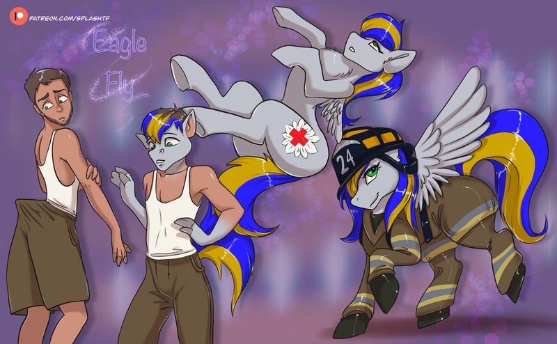 Size: 7471x4613 | Tagged: safe, artist:splashtf, derpibooru import, oc, unofficial characters only, human, pegasus, pony, clothes, helmet, image, jpeg, male, patreon, patreon logo, pegasus oc, shorts, transformation, transformation sequence, wings