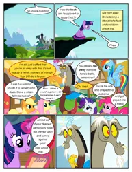 Size: 612x792 | Tagged: safe, artist:newbiespud, derpibooru import, edit, edited screencap, screencap, applejack, discord, fluttershy, pinkie pie, rainbow dash, rarity, twilight sparkle, draconequus, earth pony, pegasus, pony, unicorn, comic:friendship is dragons, comic, dialogue, eyelashes, female, glow, glowing horn, horn, image, magic, male, mane six, mare, notebook, outdoors, png, screencap comic, smiling, telekinesis