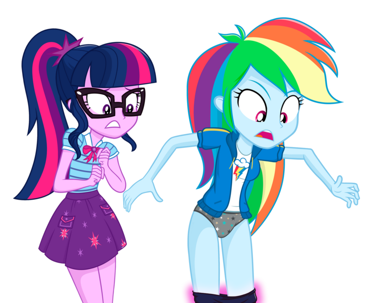 Size: 1280x1038 | Tagged: suggestive, artist:daarkenn, derpibooru import, rainbow dash, sci-twi, twilight sparkle, equestria girls, assisted exposure, clothes, image, magic, panties, png, simple background, transparent background, underwear