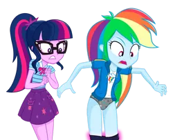 Size: 1280x1038 | Tagged: suggestive, artist:daarkenn, derpibooru import, rainbow dash, twilight sparkle, equestria girls, assisted exposure, clothes, image, magic, panties, png, simple background, transparent background, underwear