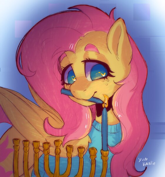 Size: 2494x2668 | Tagged: safe, artist:yumkandie, derpibooru import, pegasus, pony, candle, freckles, hanukkah, image, jpeg, menorah, mouth hold, solo